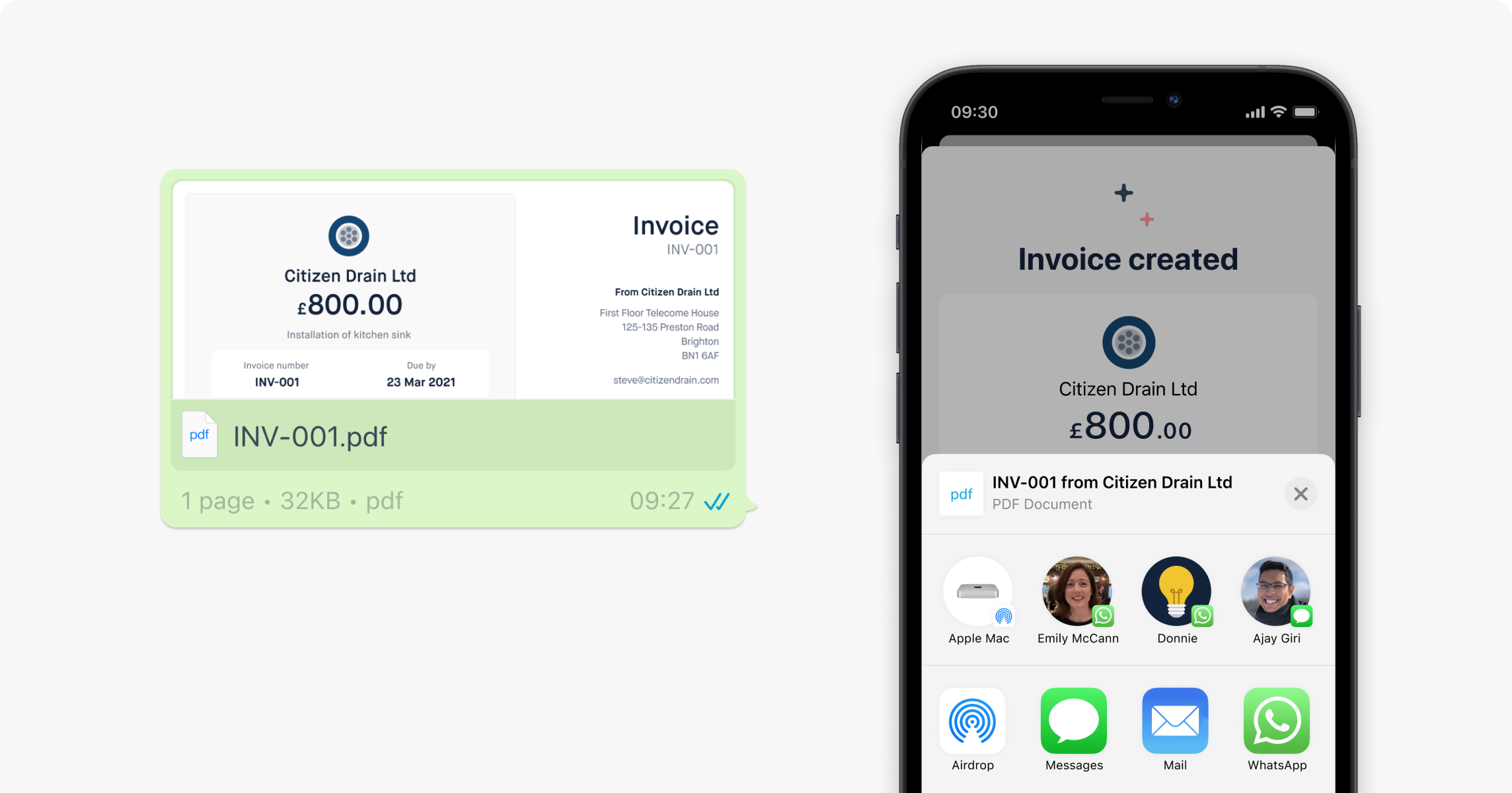 In-app share functionality for invoices.