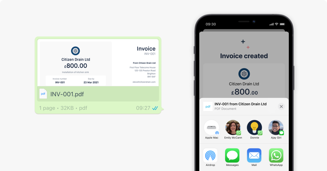 In-app share functionality for invoices.