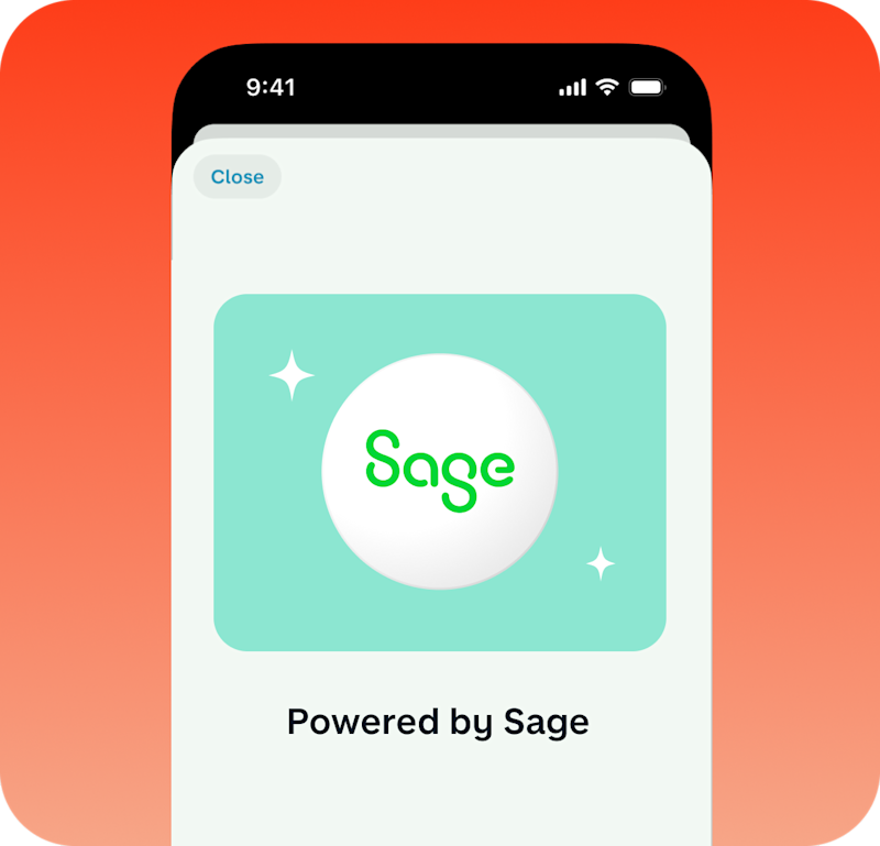 Mobile mockup of the Monzo app showing the Sage logo and text saying 'Powered by Sage'.