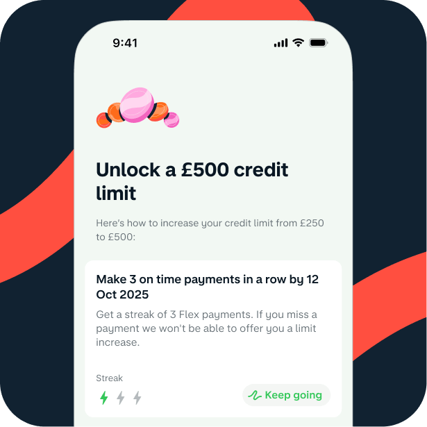 An app screen showing 'Unlock a £500 credit limit' displays how you can increase your credit limit by making ontime payments