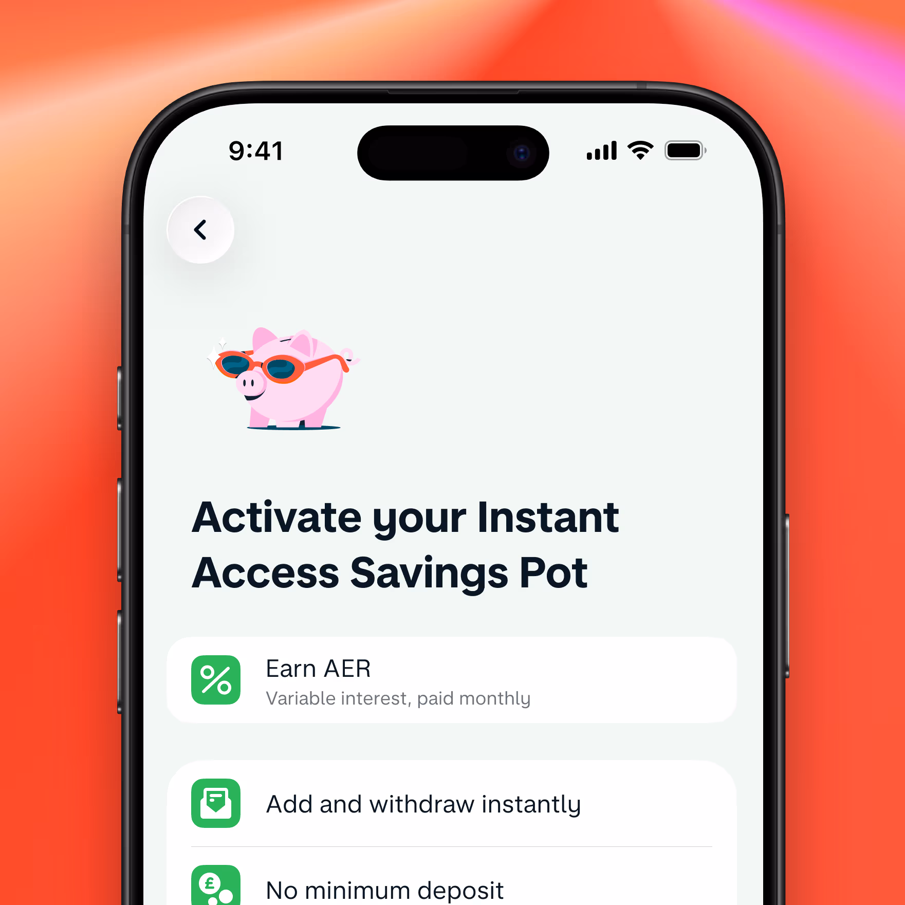A screen from the Monzo app showing the set up of an Instant Access Savings Pot