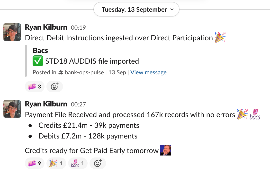 Slack post from the migration day showing we successfully imported Direct Debit Instruction and Payments file. 