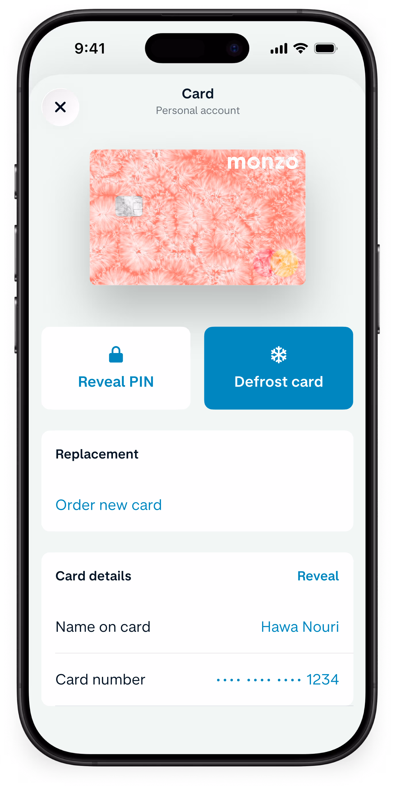 UI showing Monzo's card freezing feature.