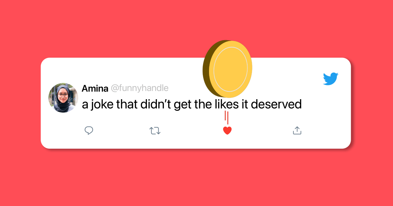 tweet saying "a joke that didn't get the likes it deserved" – with a large coin on top 