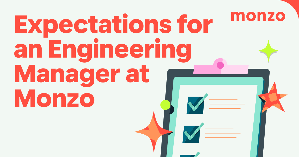 A title image that says 'Expectations for an Engineering Manager at Monzo' in large hot coral letters aligned to the left. On the bottom right is a colourful graphic of a clipboard with ticks against the list. Top right corner has the 'monzo' hot coral logo.