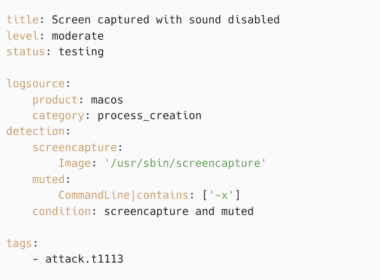 A condensed screenshot of a Sigma rule looking at process creation events from MacOS for the screenshot tool being run with suspicious command-line arguments