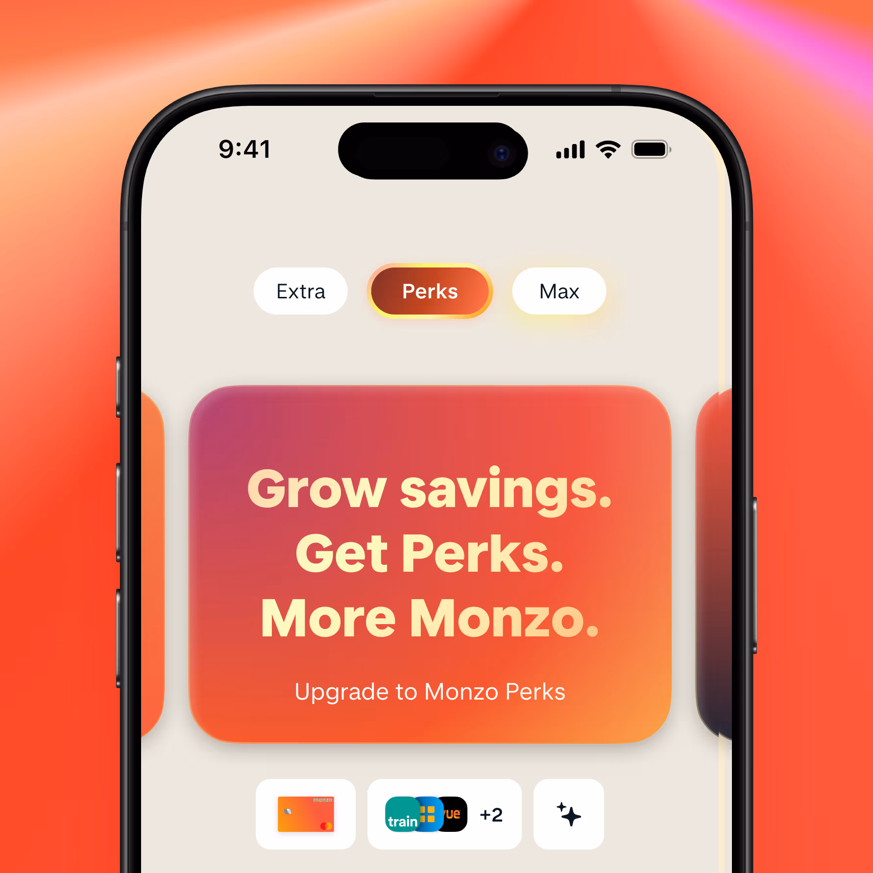 A smartphone shows a screen from the Monzo app. On the screen is a preview of the Perks plan with the title "Grow savings. Get Perks. More Monzo."