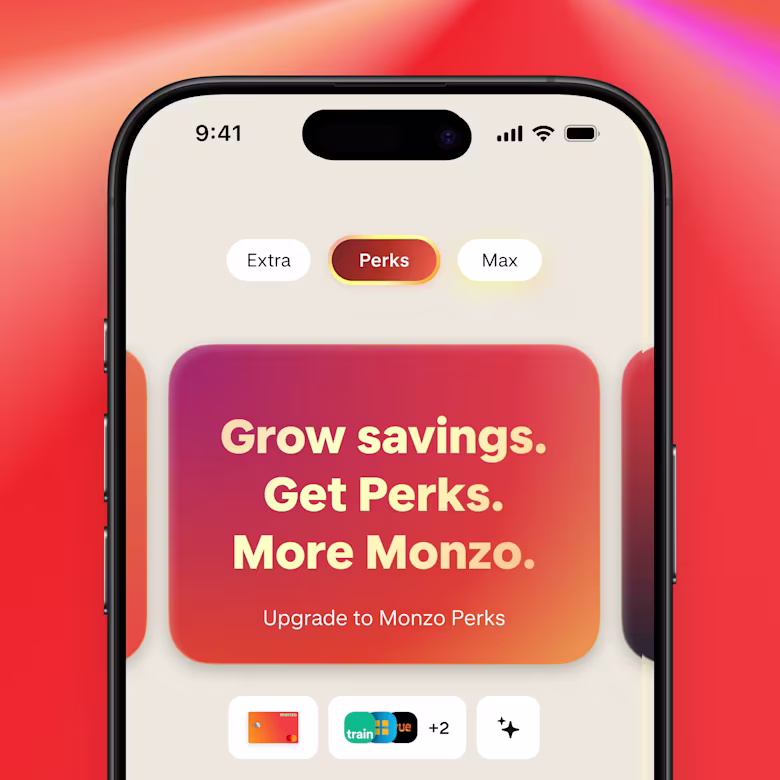 A smartphone shows a screen from the Monzo app. On the screen is a preview of the Perks plan with the title "Grow savings. Get Perks. More Monzo."