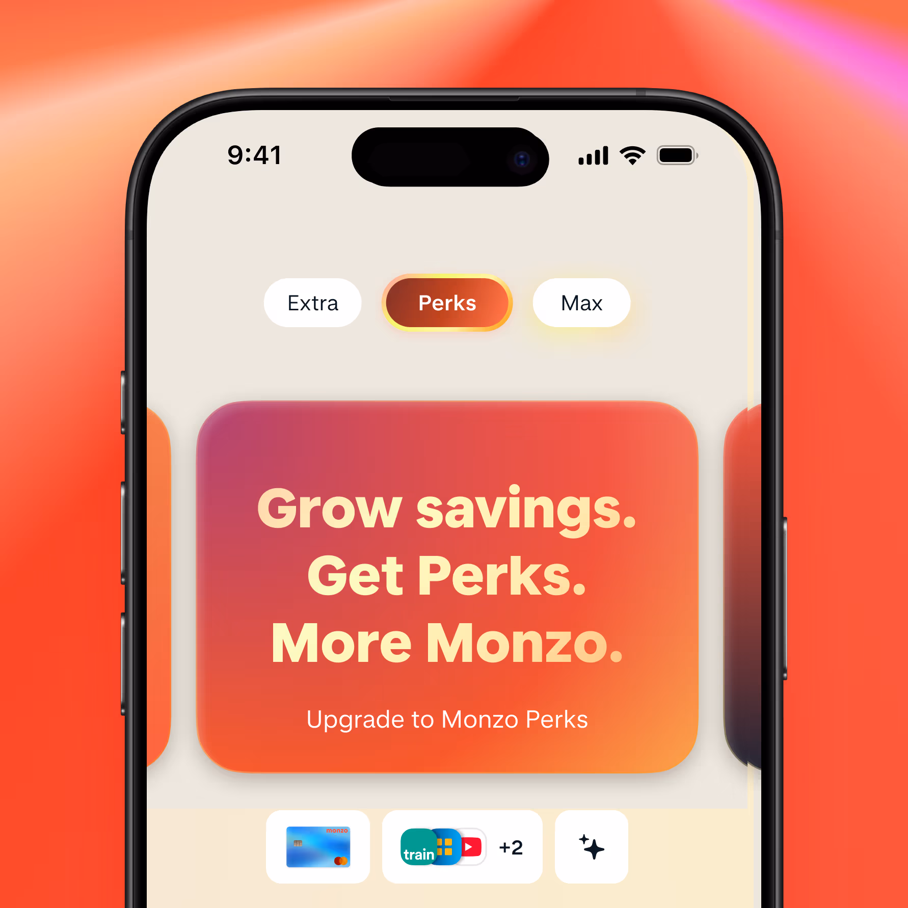 A smartphone shows a screen from the Monzo app. On the screen is a preview of the Perks plan with the title "Grow savings. Get Perks. More Monzo."