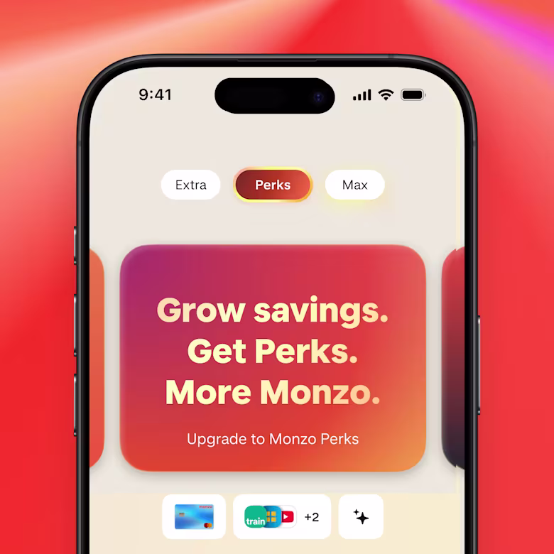 A smartphone shows a screen from the Monzo app. On the screen is a preview of the Perks plan with the title "Grow savings. Get Perks. More Monzo."