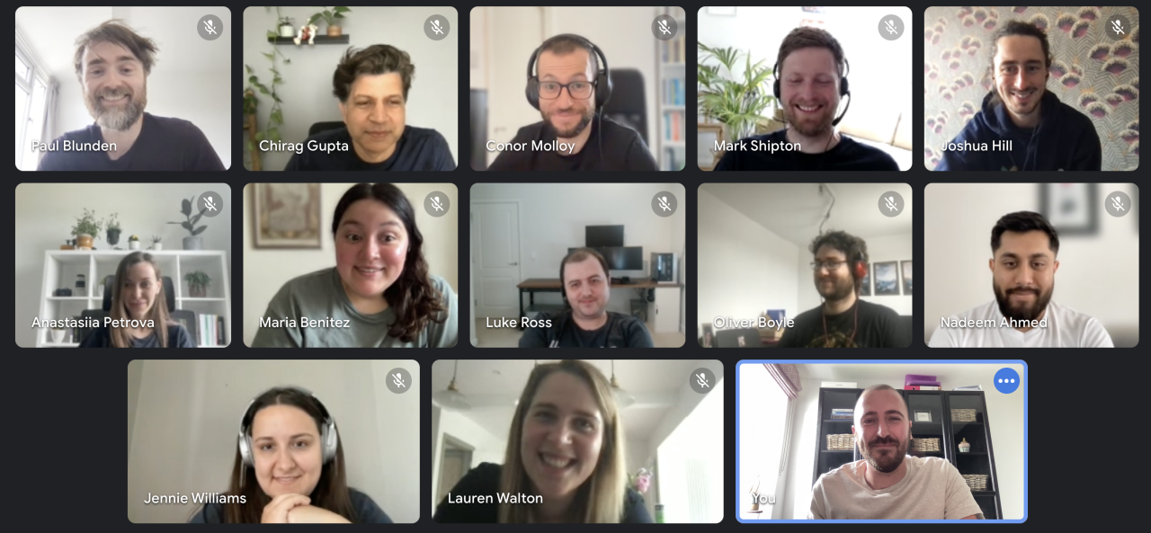 A screenshot of a Monzo meeting with 13 smiling Monzonauts!
