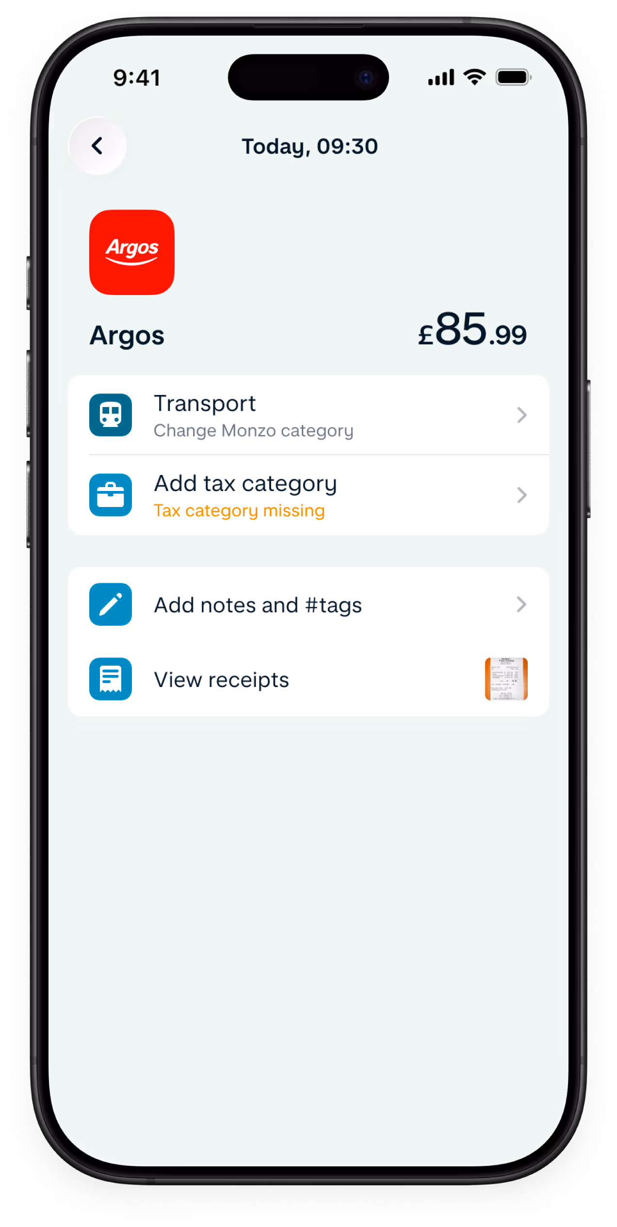 A phone screen showing how to categorise paymets in the Monzo app