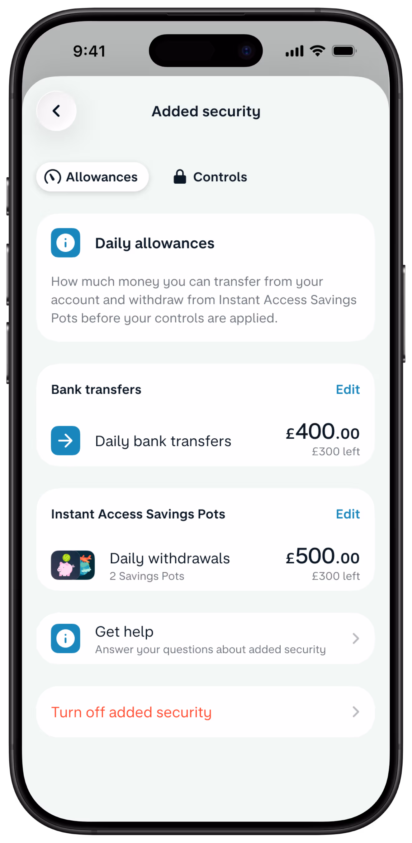 Phone screen showing the Mono apps added security features, including the ability to set daily allowances for bank transfers and savings pots. 