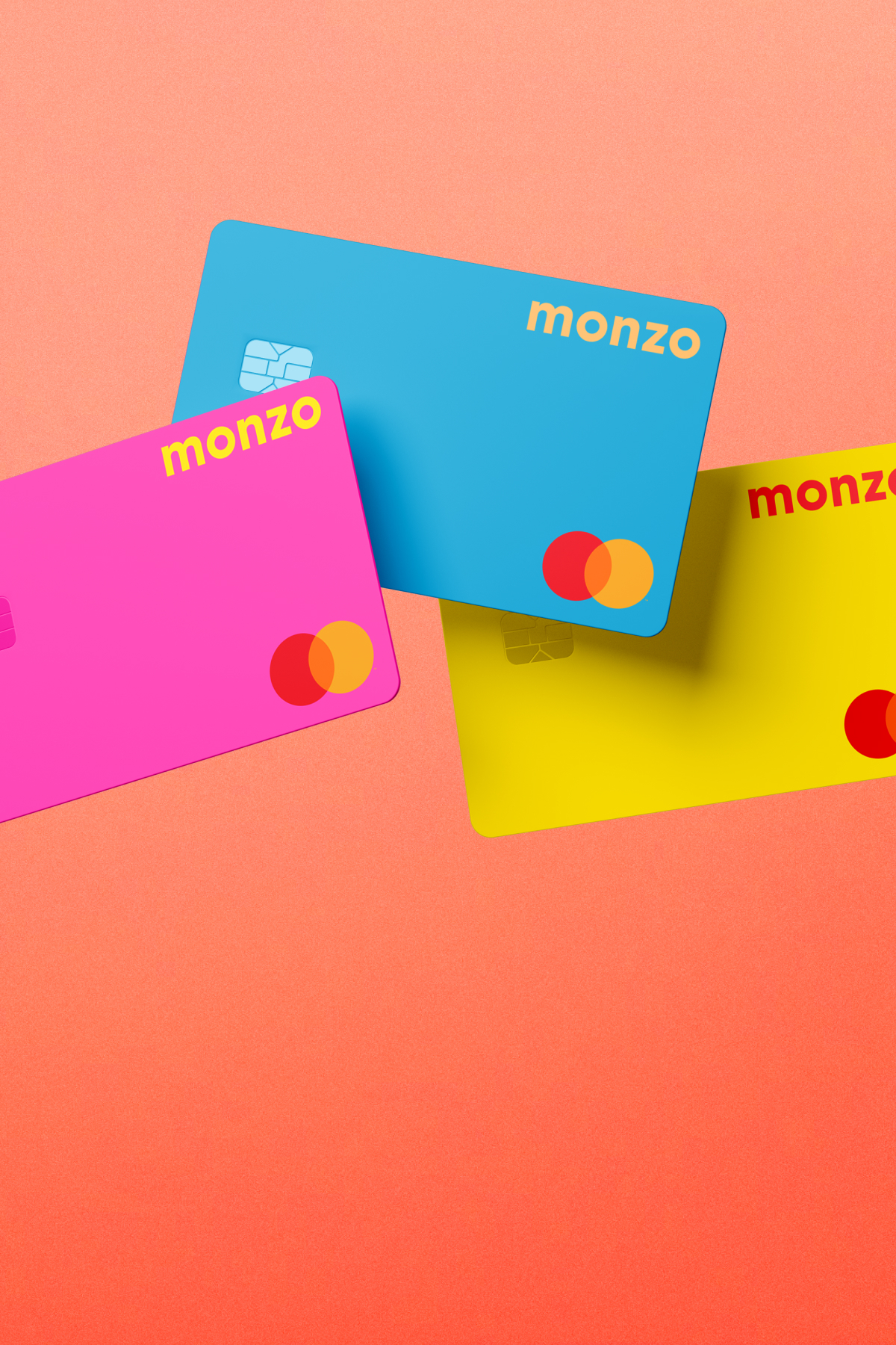 3 Monzo for Under 16s neon cards in blue, yellow and pink on an orange background