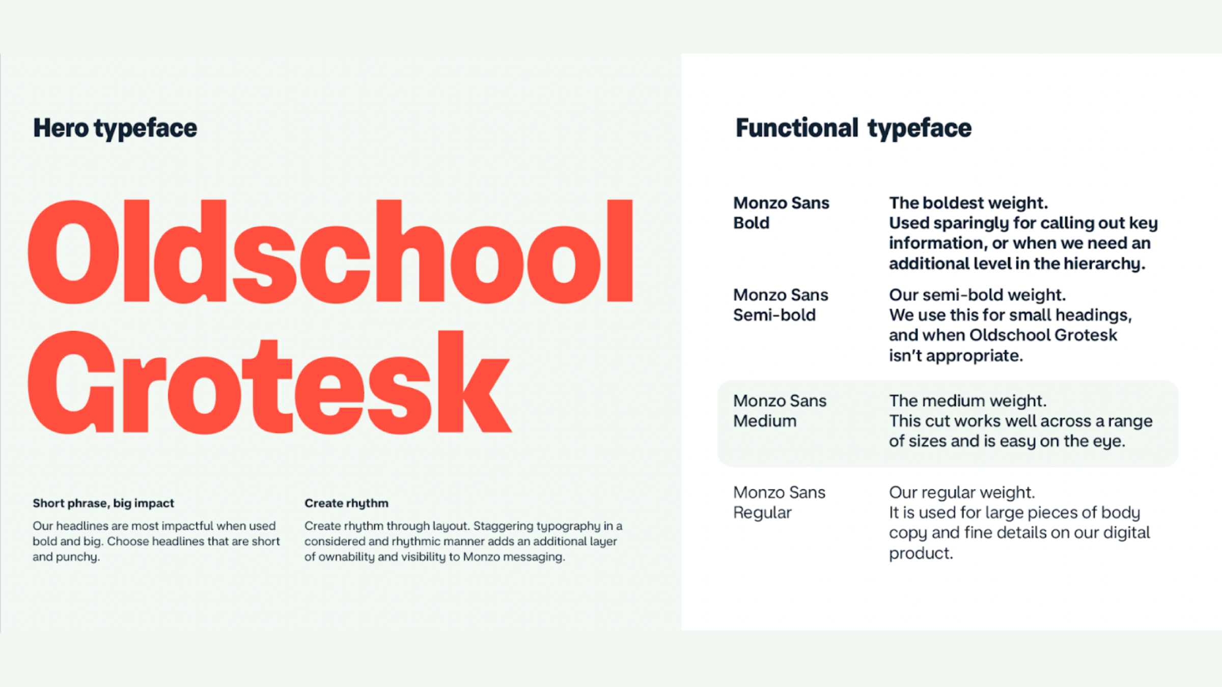 Showing our new hero typeface, Oldschool Grotesk. And our functional typeface, Monzo Sans. 
