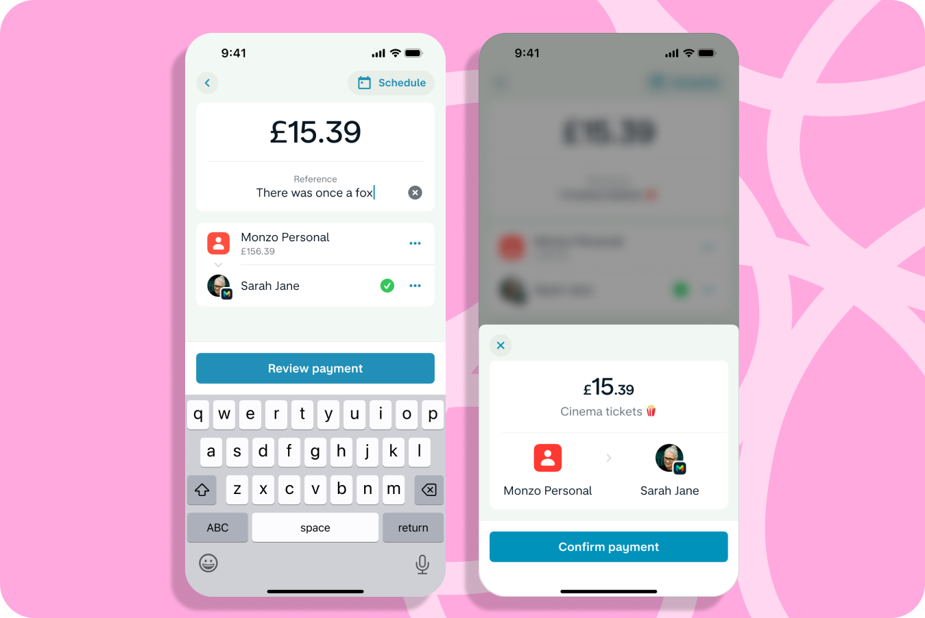 First image shows payment input screen with a reference input field in focus. Second image shows payment review modal showing amount, source and destination fields.