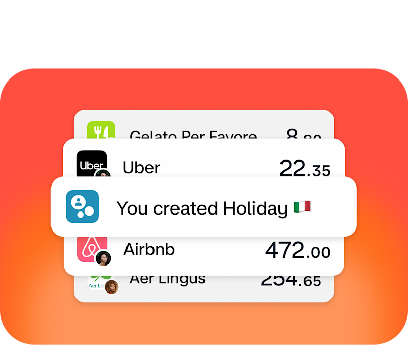 Screen showing transactions within a "holiday" Split – from Uber, Airbnb, Aer Lingus and more.