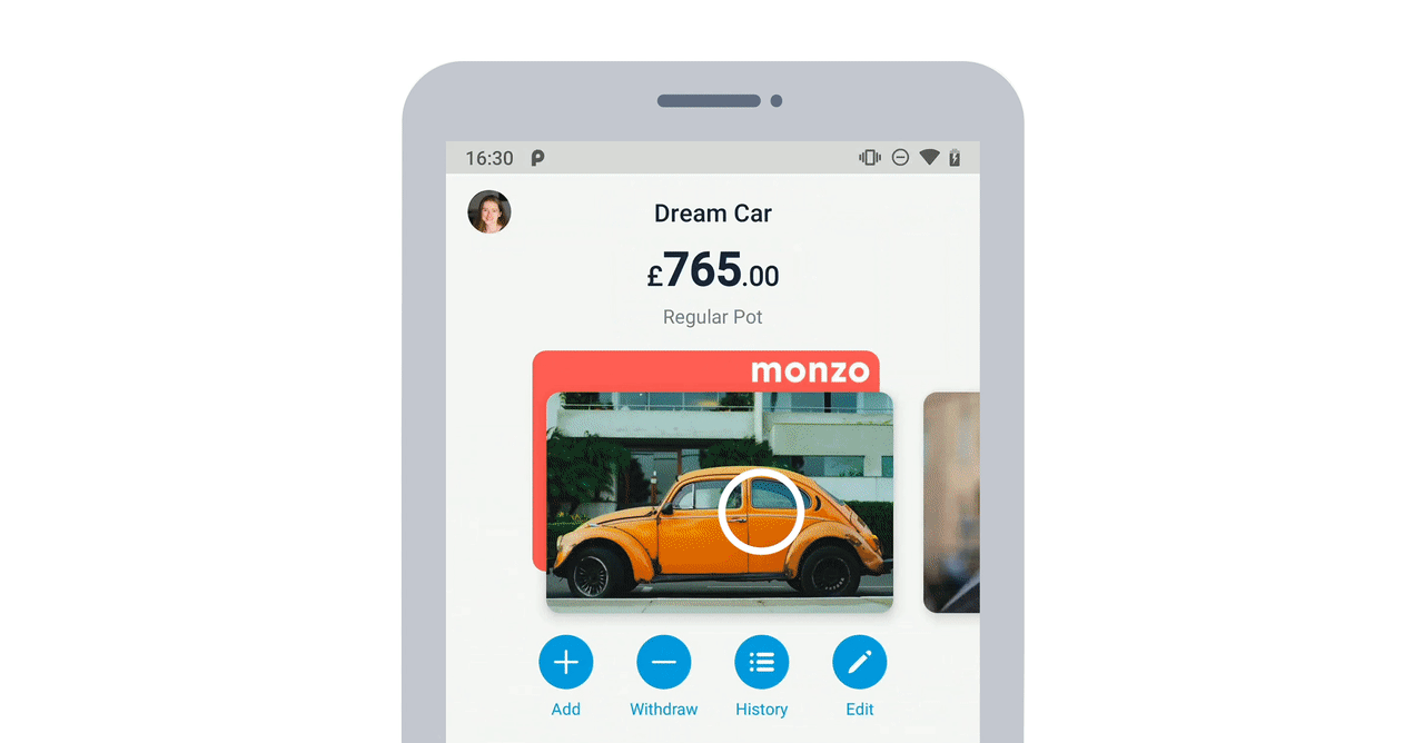 A moving image, showing someone swiping through cards in their Monzo app