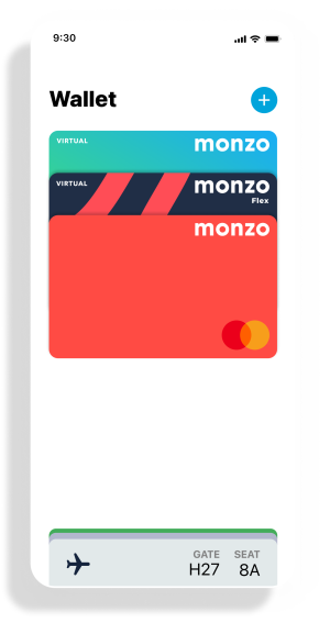 Monzo virtual card, flex card and personal account card in an Apple Wallet.