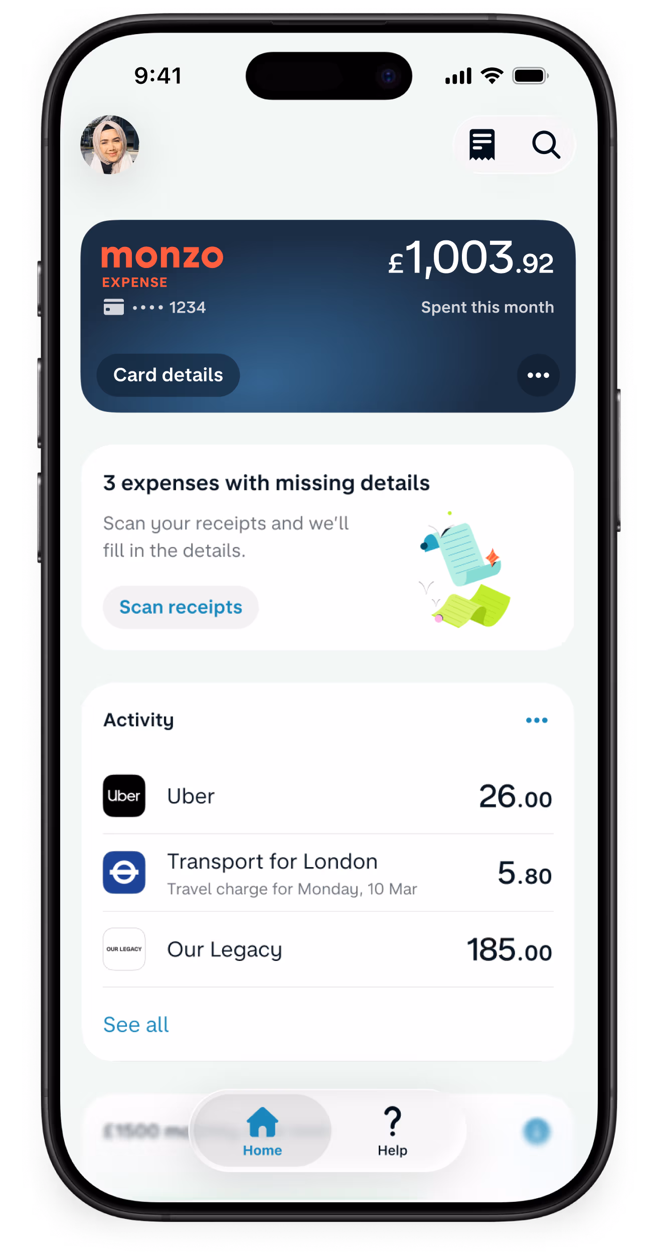An app screenshot showing a Monzo Business homescreen alert for 3 missing pieces of information associated with an expense