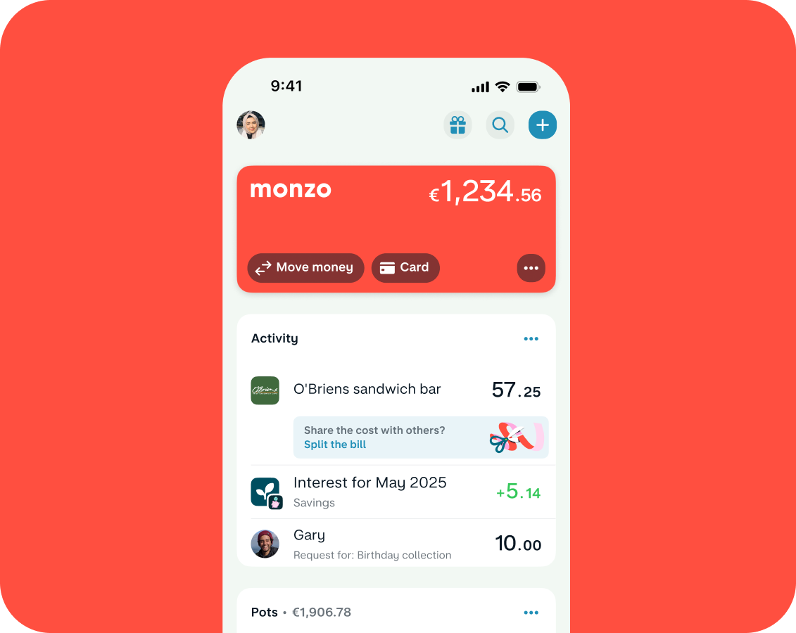 Monzo's Irish app homescreen product UI 