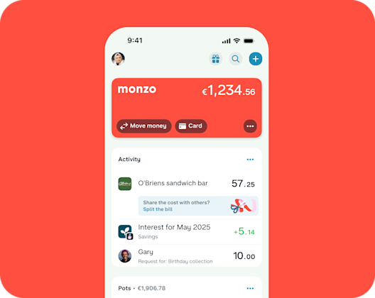 Monzo's Irish app homescreen product UI