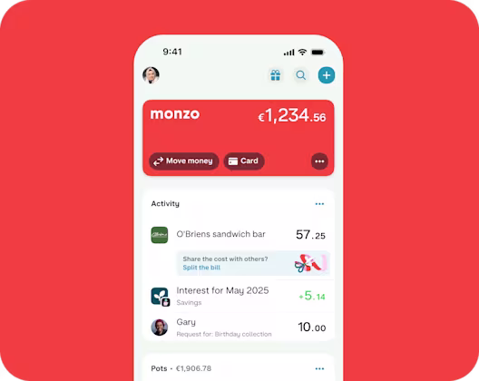 Monzo's Irish app homescreen product UI