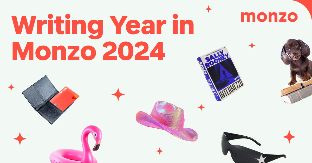 Image with Hot Coral text that reads 'Writing Year in Monzo 2024'. The words are surrounded by illustrations including: sunglasses, pink cowboy hats and an inflatable flamingo!