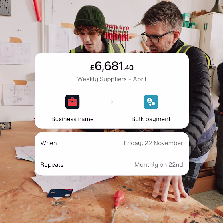 An app screenshot showing bulk payments outgoing from a Monzo Business account