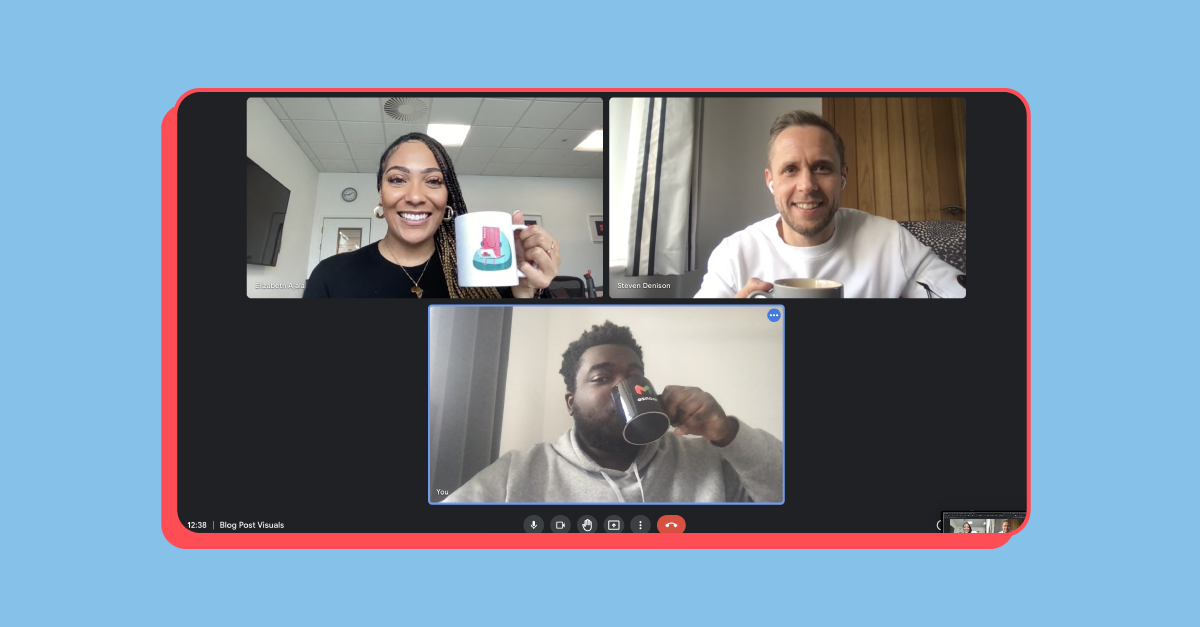 Image showing three people in a Google Hangout meeting drinking tea.