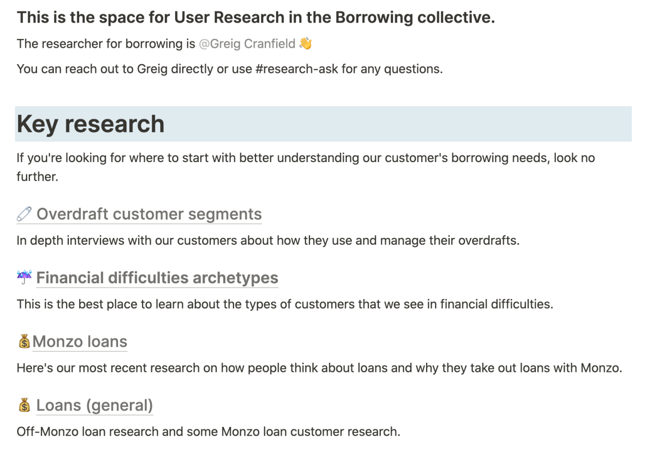 Screenshot of the User Research space in Monzo's internally documentation, where the team share key research