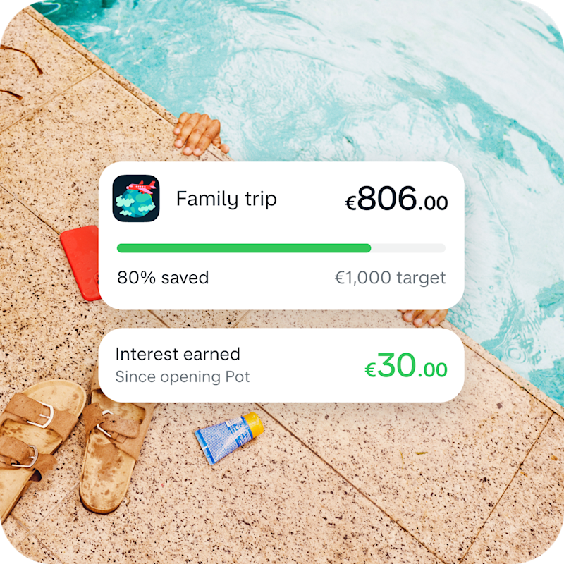 UI image of a 'Holiday Fund' Pot with €450 in it on a hot coral background. 
