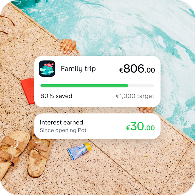 UI image of a 'Holiday Fund' Pot with €450 in it on a hot coral background. 