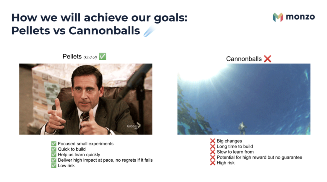 A screenshot of a presentation slide. On the left is a list of benefits of pellets including that they are quick to build, help us learn quickly and are low risk. On the right-hand side are cannonballs with a list of risks, including: long time to build, slow to learn from, and potential for high reward but no guarantee. 