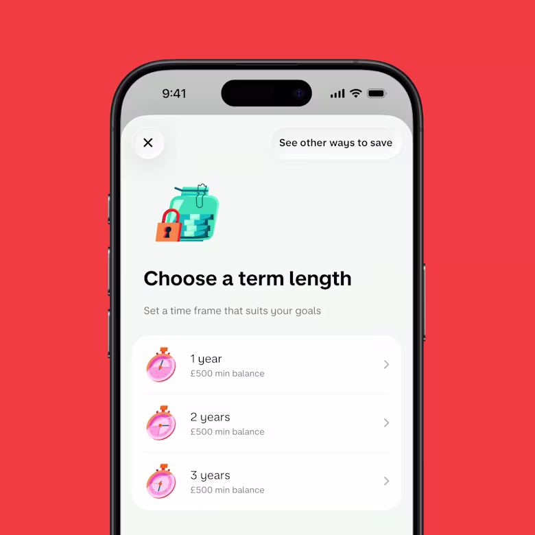 A smartphone displaying the user interface for choosing a term length for a fixed rate savings pot.