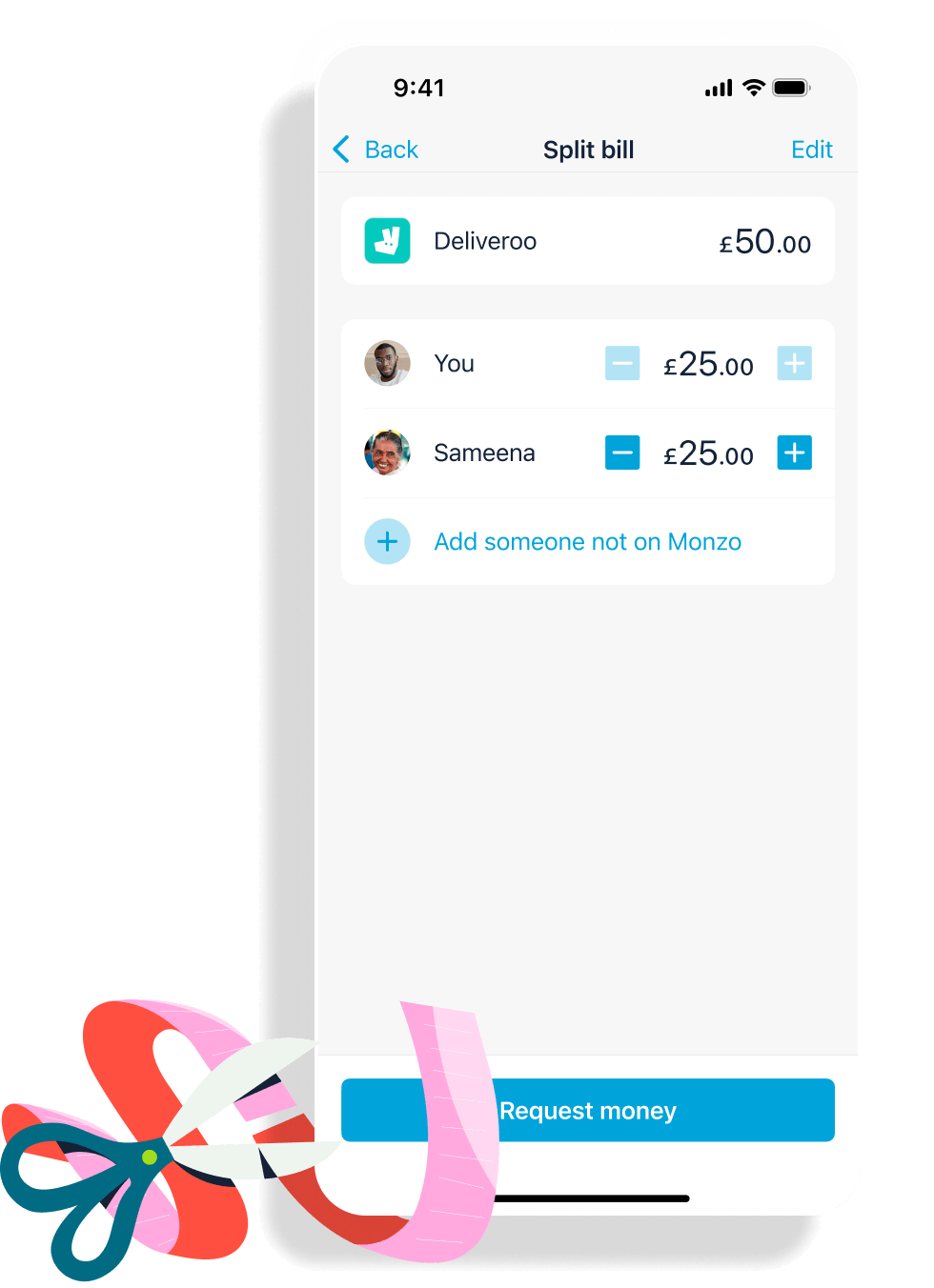 Split the bill screen showing splitting a payment to Deliveroo between 2 people.