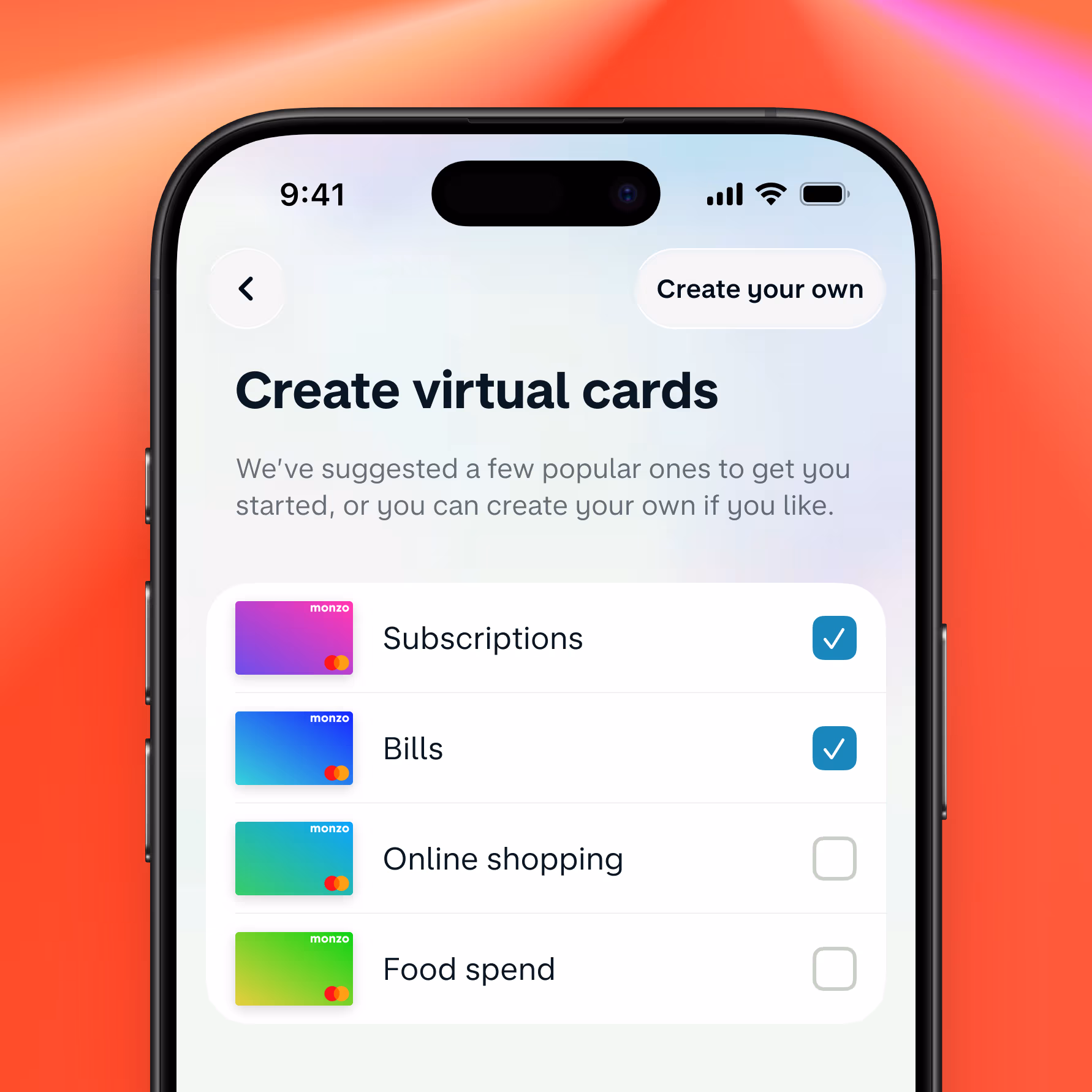 Image showcasing Monzo virtual cards 