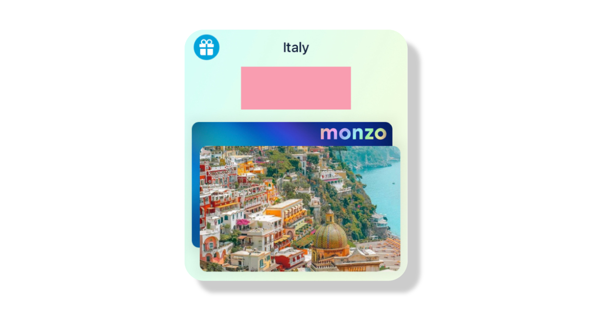 Screenshot from Hannah's Monzo account showing a Pot she's using to save up for a trip to Italy. The picture is a photo of the Italian coast. 