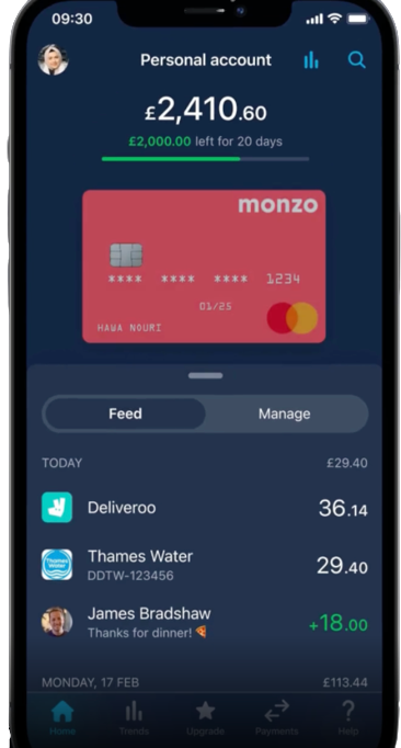 A screenshot showing the app in dark mode, available to test in Monzo Labs. 