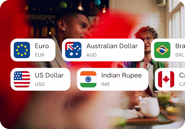 Image showing flags and currencies including Euros, Australian Dollars, US Dollars, and Indian Rupees.
