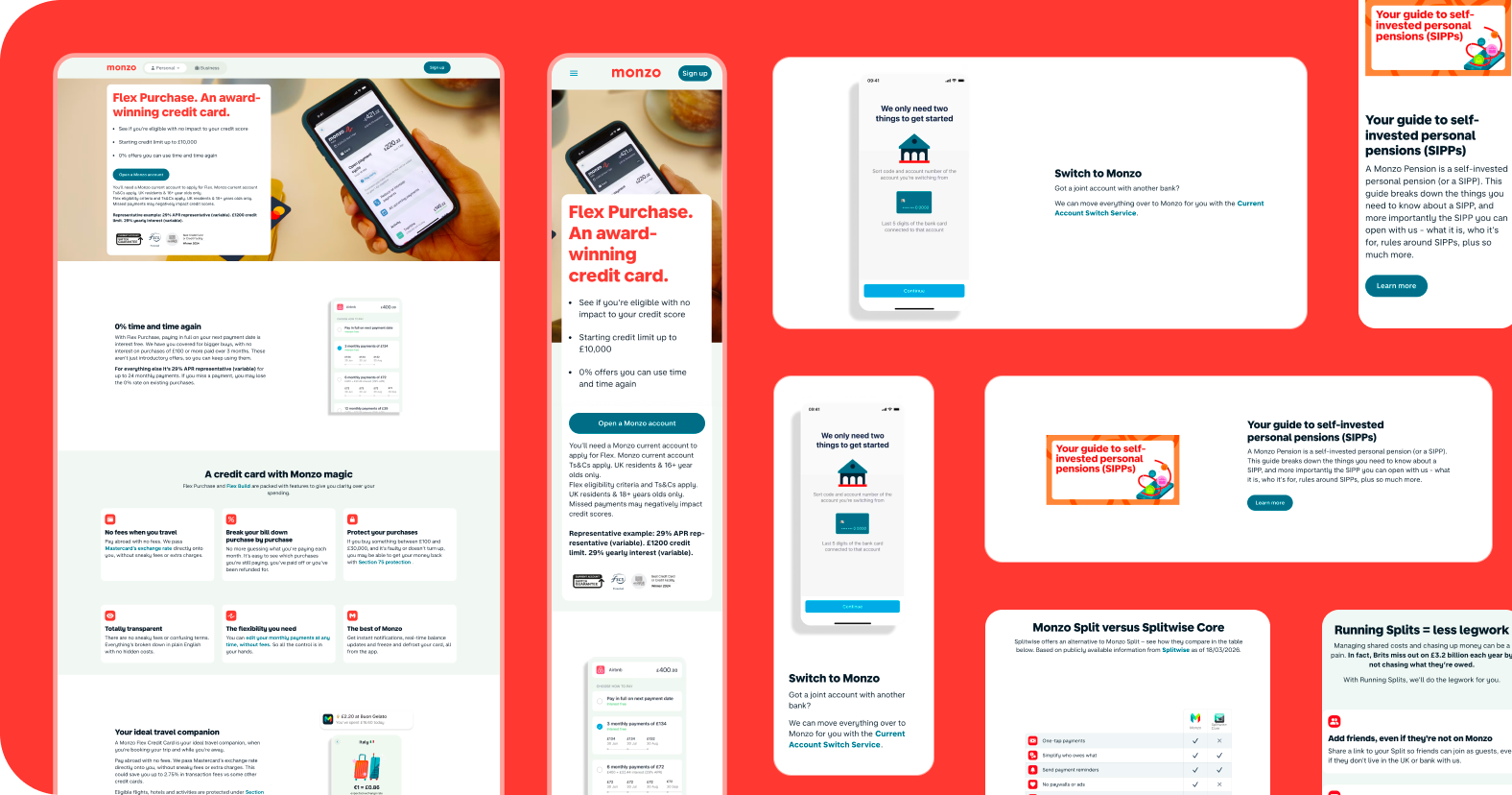 An asset showing screenshots of legacy Monzo.com web designs and UI components against a hot coral background