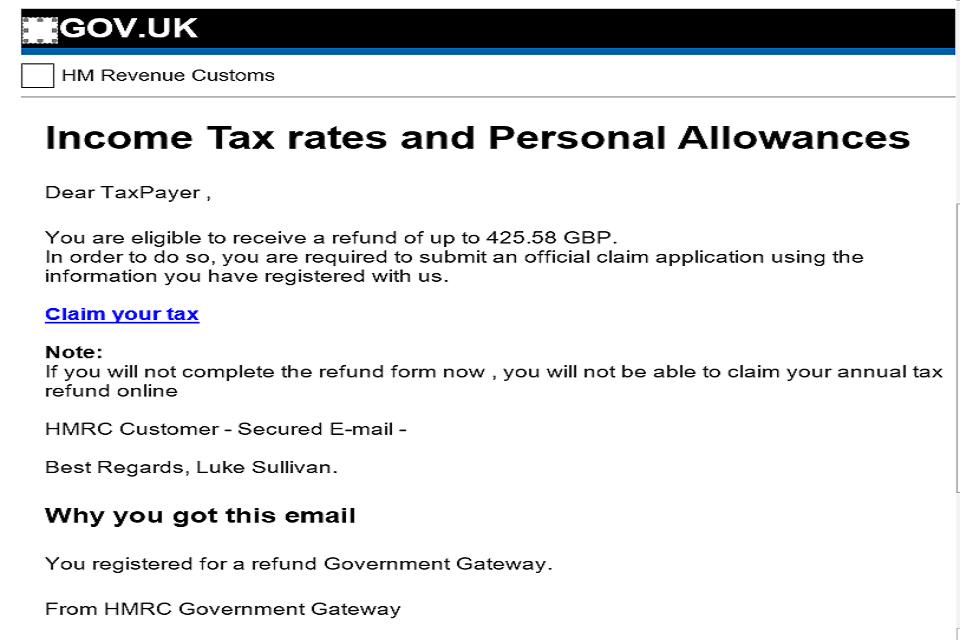 Example of a scam HMRC email