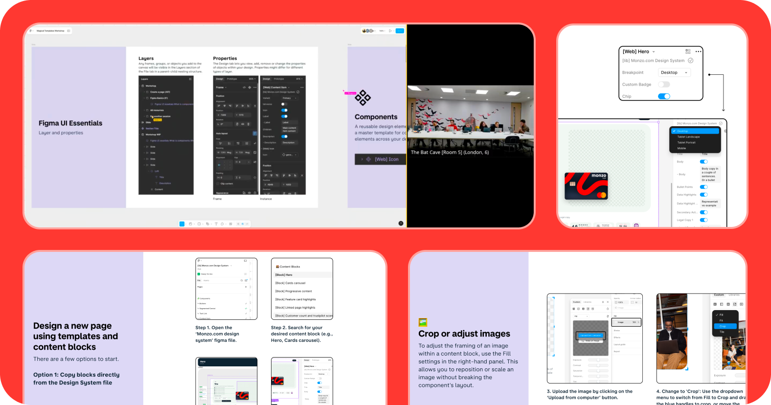 A collection of tutorial cards, UI walkthroughs, and workshop screenshots detailing how marketing teams can build pages with content blocks.