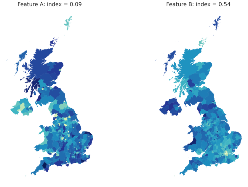 Chart displaying the spatial distribution between two features in Monzo data. Feature A of the United Kingdom has an index of 0.09; feature B of the United Kingdom has an index of 0.54.