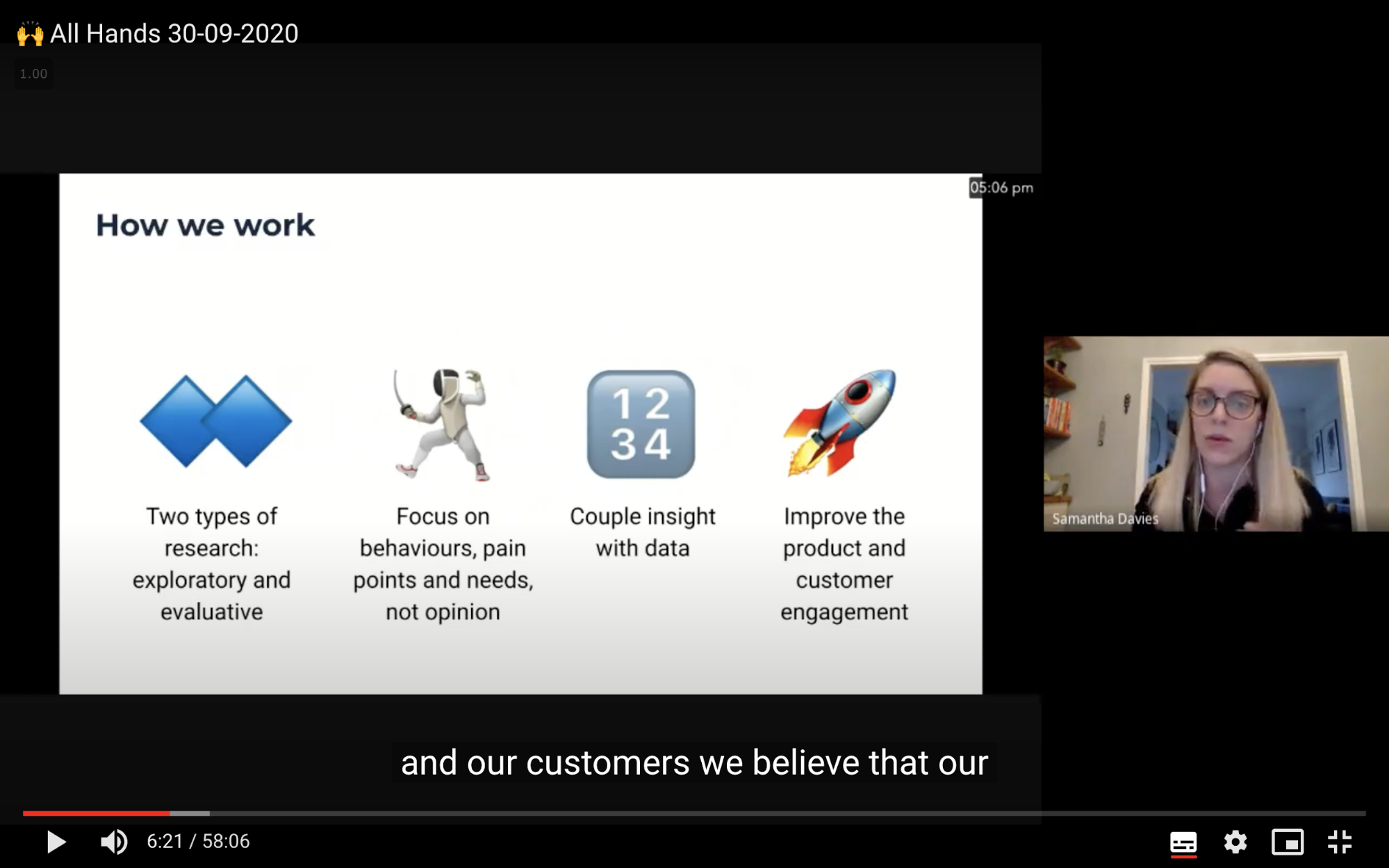 Screenshot of a YouTube video from September 2020 showing Samantha presenting how her team works to the whole company at an All Hands meeting