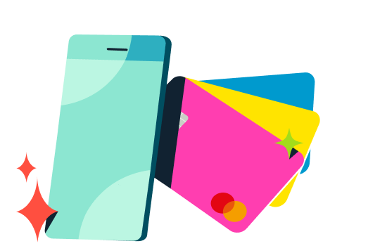 Illustration of mobile phone and neon cards