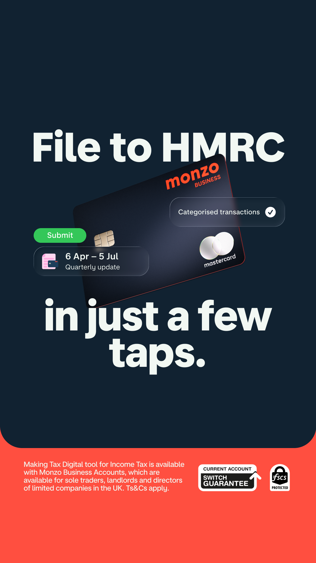 A picture of a Monzo Business bank card with the words 'File to HMRC in just a few taps'