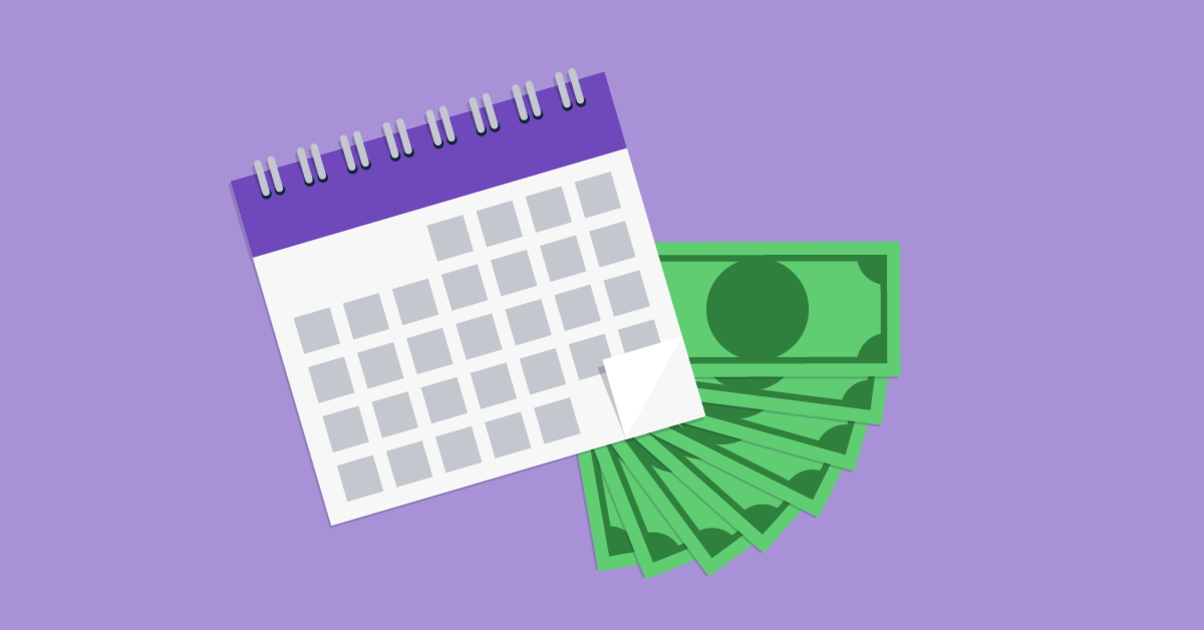 illustration of calendar with cash on purple background