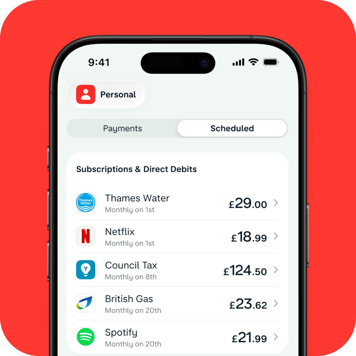 Bills Pot feed in the Monzo app