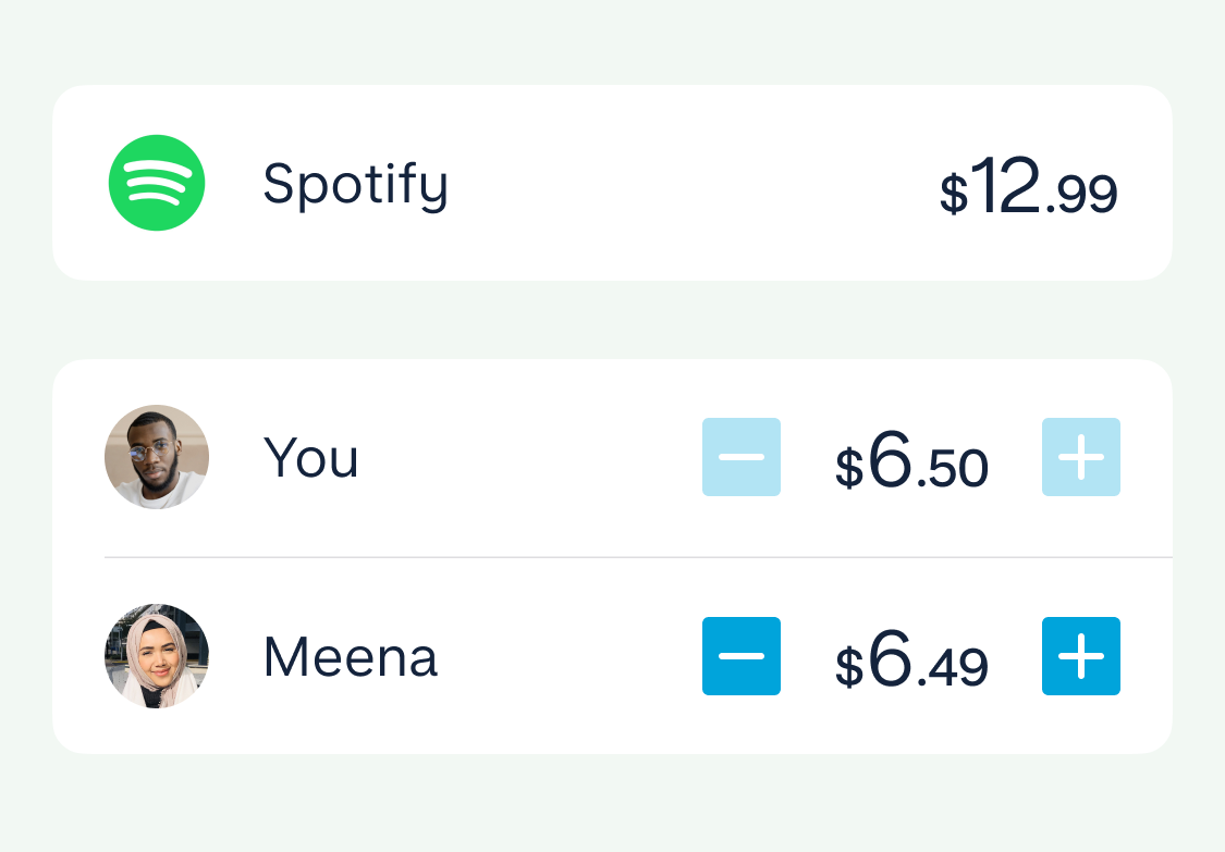 A transaction of $12.99 for Spotify being split between two people: "You" for $6.50 and Meena for $6.49